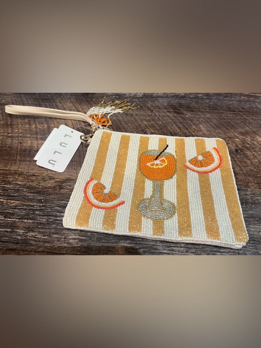 Beaded Citrus Stripe Wristlet Pouch - Orange & Cream